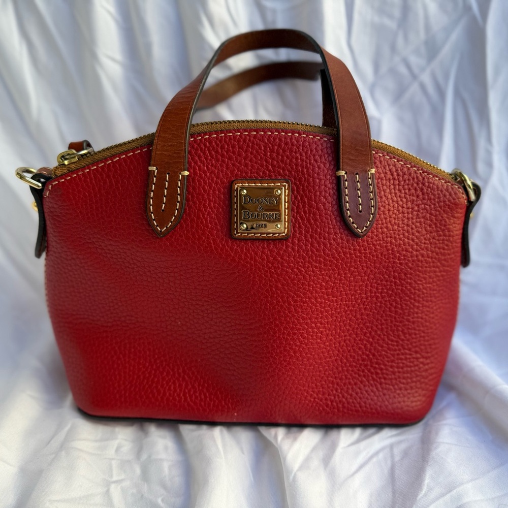 Dooney & Bourke Red and Brown Satchel with Gold Accents